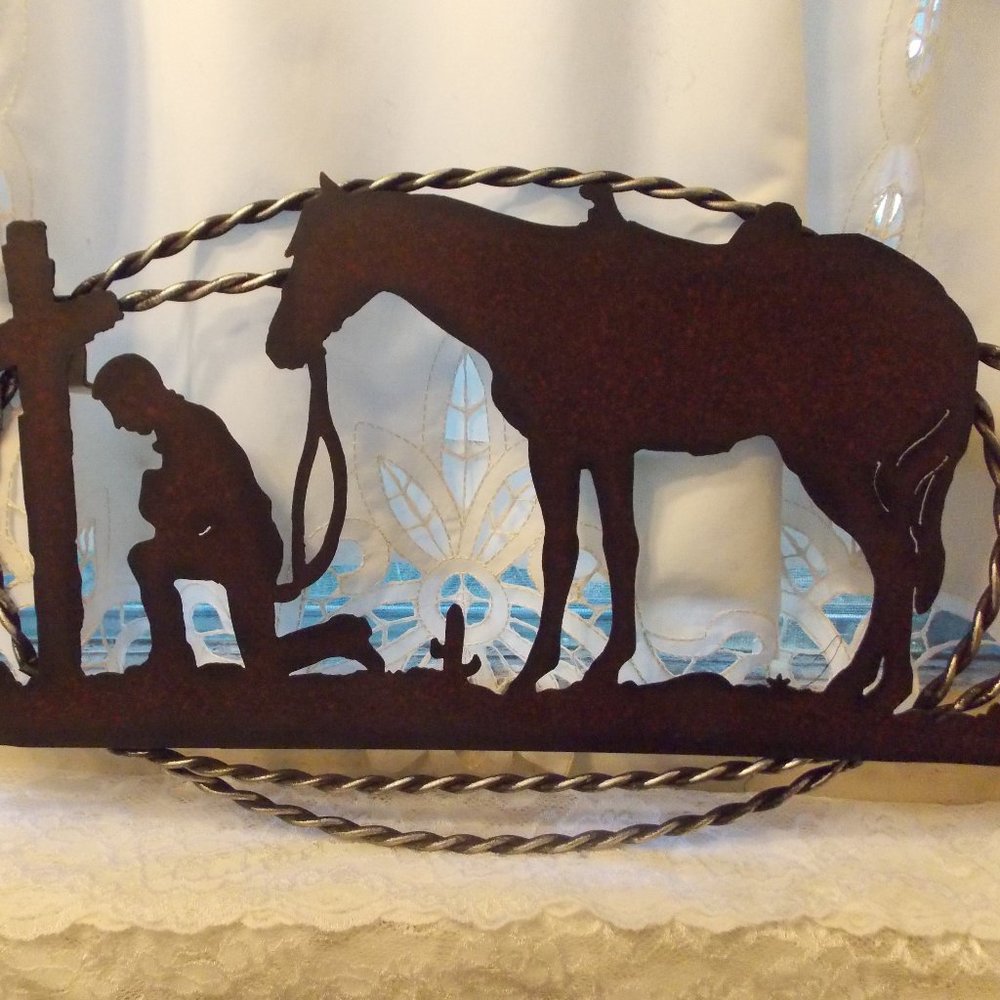 Praying cowboy with horse wall art